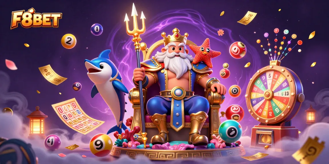 Experience F8BET's thrilling lottery games with vibrant colorful balls and festive gambling elements.