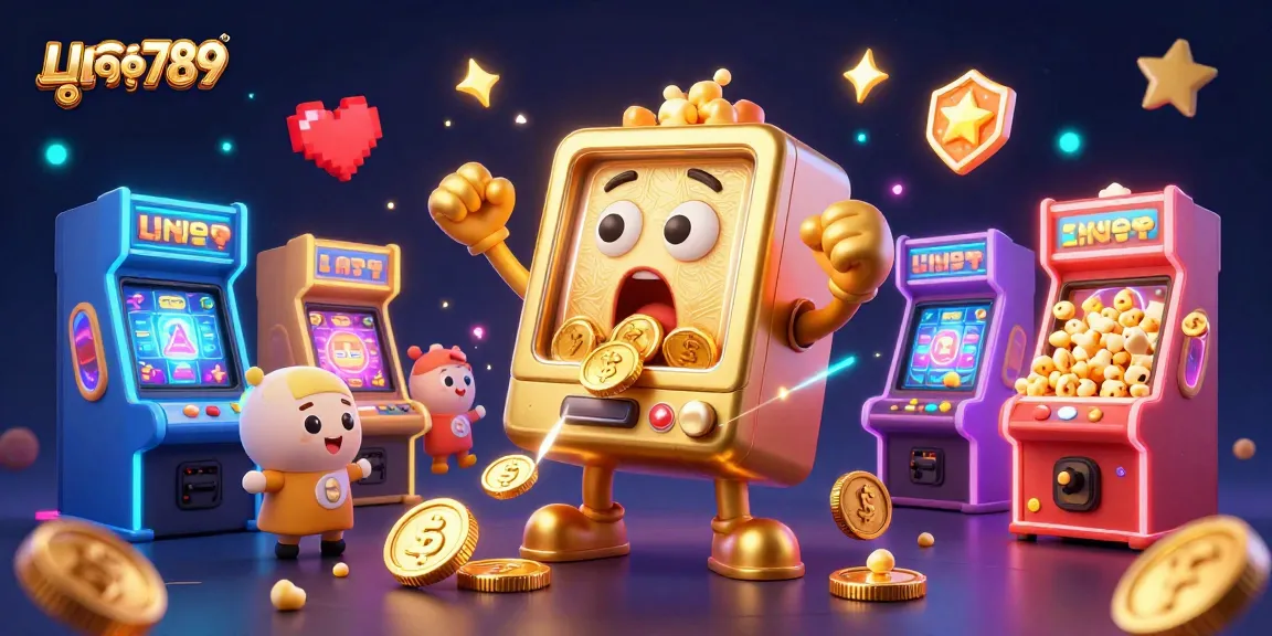 Watch the golden slot machine hitting its jackpot at มูเตลู789, surrounded by cheering baby slots and vibrant arcade games.
