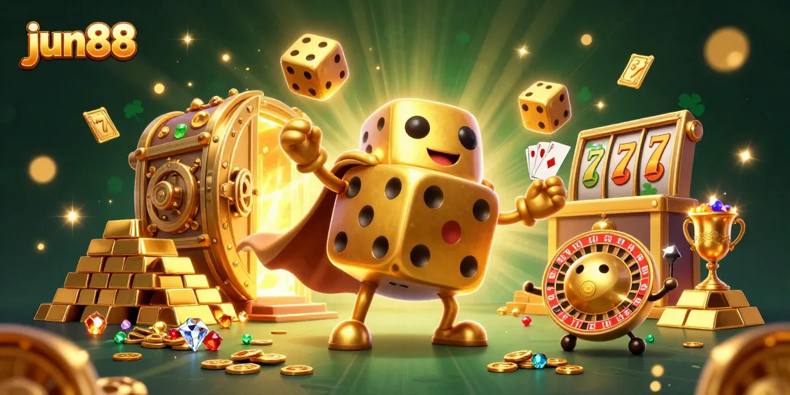 Experience exciting gaming at jun88 with a dynamic 3D casino scene full of golden treasures and slot elements.