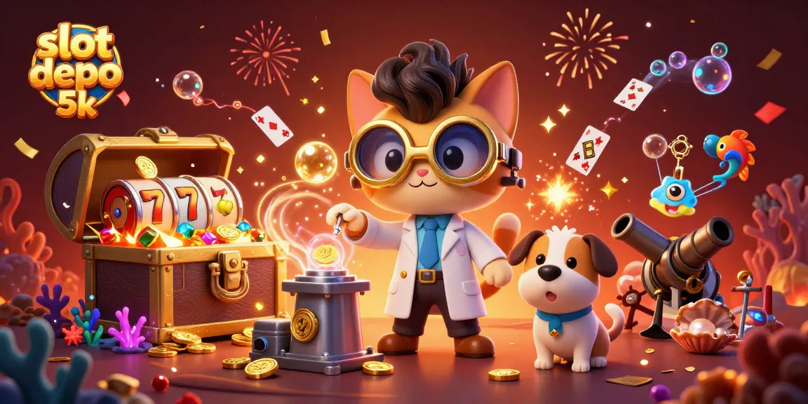 Engage with the exciting slot depo 5k, a colorful casino scene featuring spinning reels and playful characters.