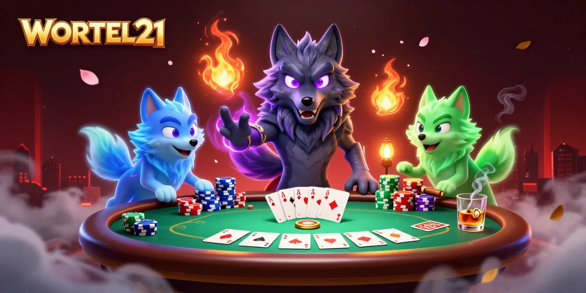 WORTEL21 showcases an engaging poker scene with mystical wolves and vibrant gaming elements.