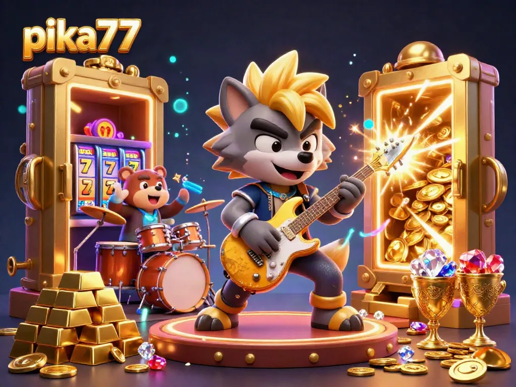 Engage with exciting casino action at pika77 featuring 3D rock star wolf shredding guitar.
