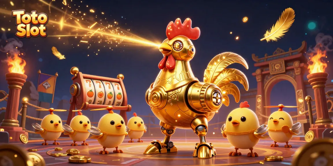 Toto Slot players gear up for excitement with a golden rooster robot and baby chick drones in an action-packed casino arena.