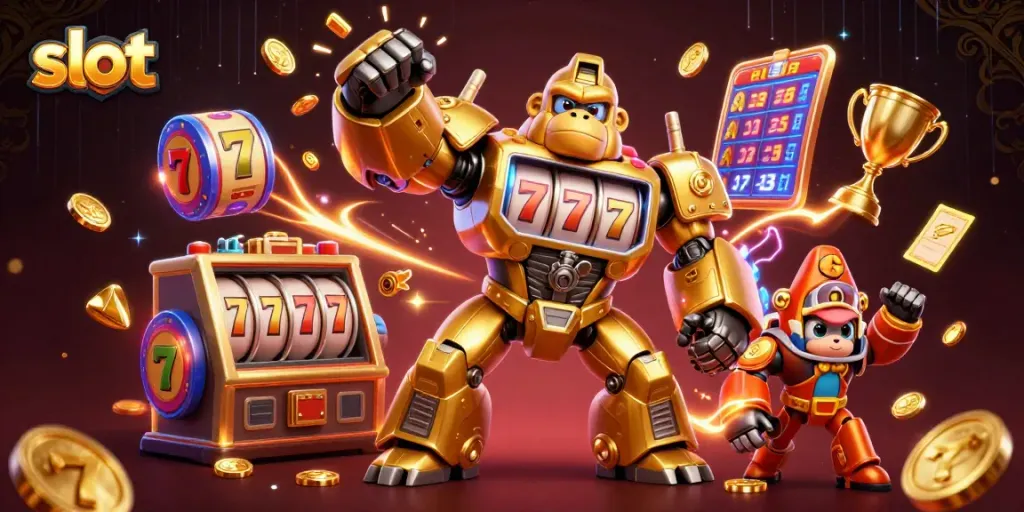 Experience thrilling slot action with a golden gorilla mech and gaming elements bursting to life.