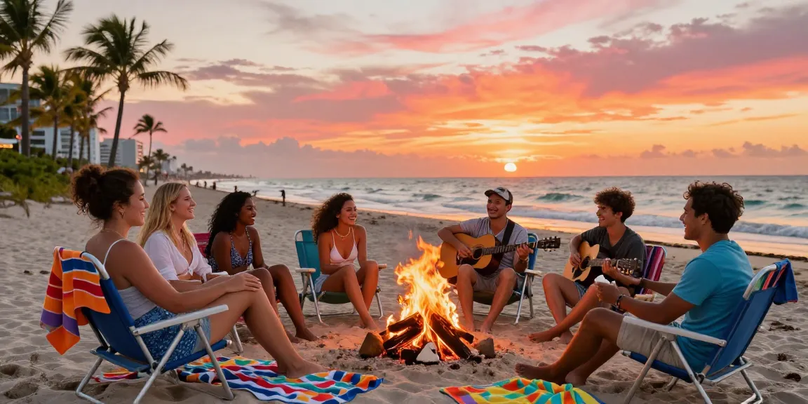 sekelompok teman menikmati kebersamaan di https://miami4d.com/ dengan bonfire di pantai Miami saat matahari terbenam