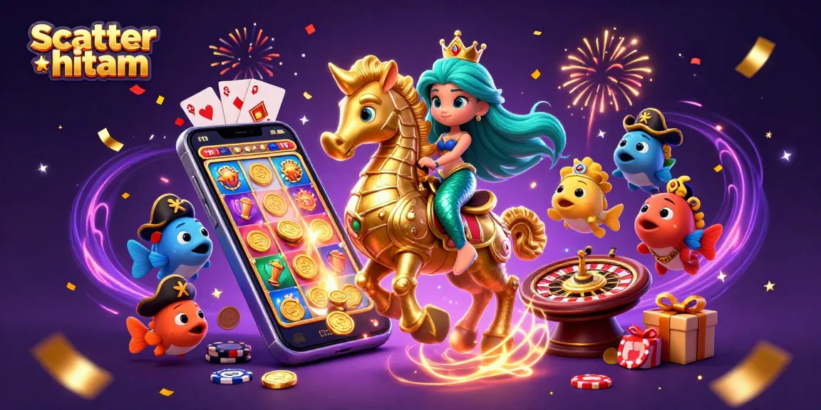 Experience the scatter hitam effect in this vibrant casino-themed illustration featuring a mermaid and seahorse.