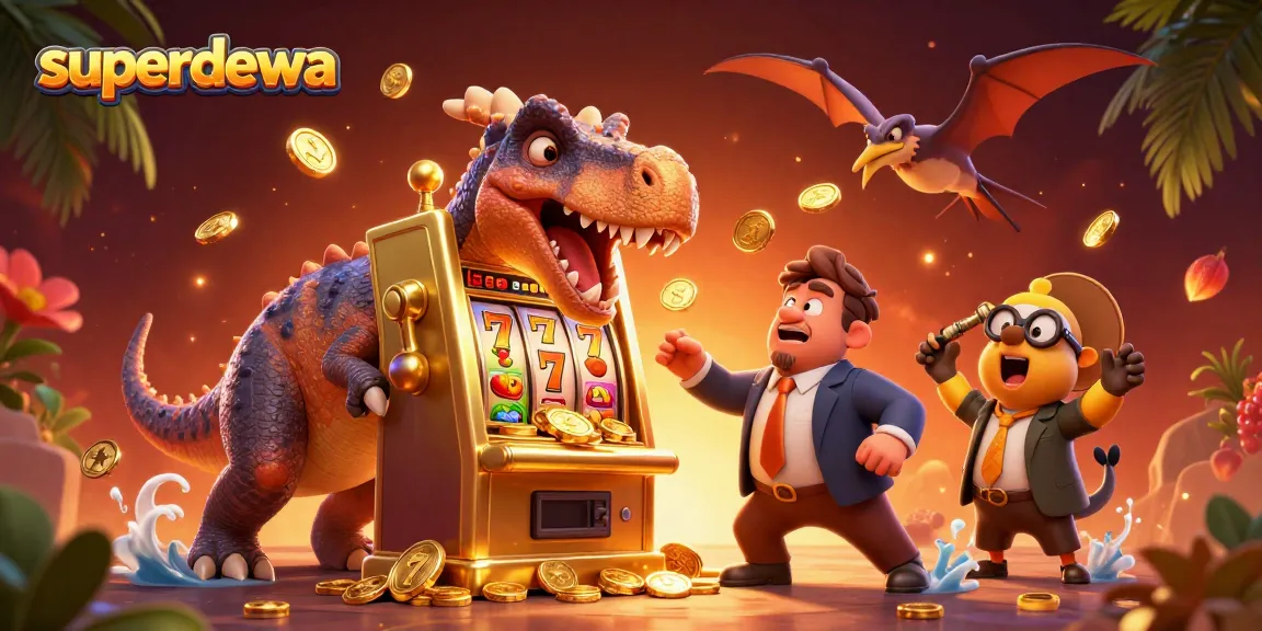 Menangkan jackpot di superdewa dengan mesin slot bertema dinosaurus yang mengeluarkan koin emas.