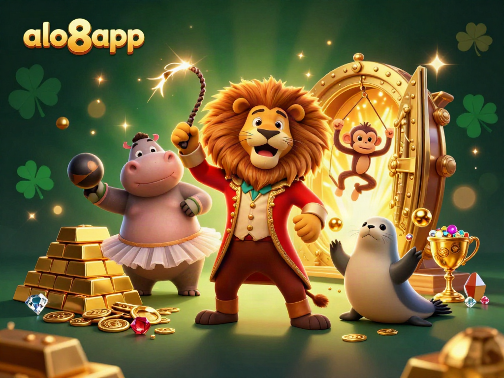 Exciting scene featuring the alo8app logo, a circus ringmaster lion, gems, and gold in a vibrant casino.