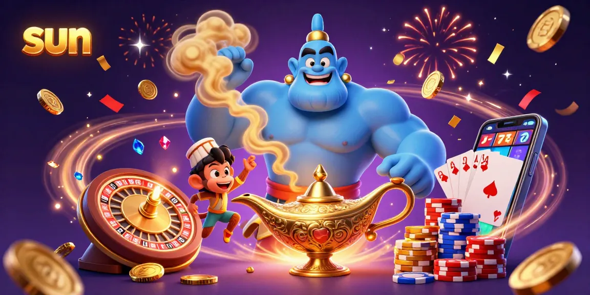 The sun illuminates a vibrant casino scene with a blue genie, treasure, and dynamic poker action.