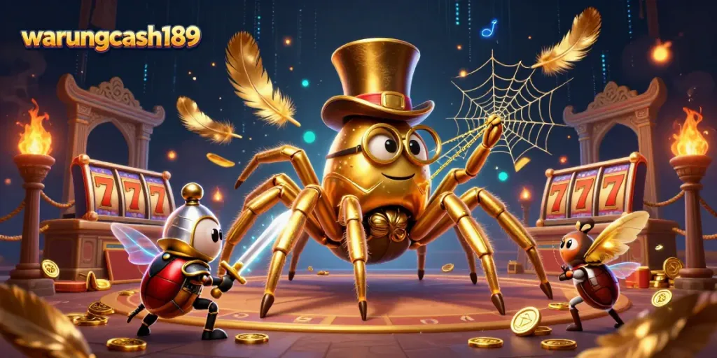 Experience excitement with warungcash189 as characters battle amidst casino action and golden elements.