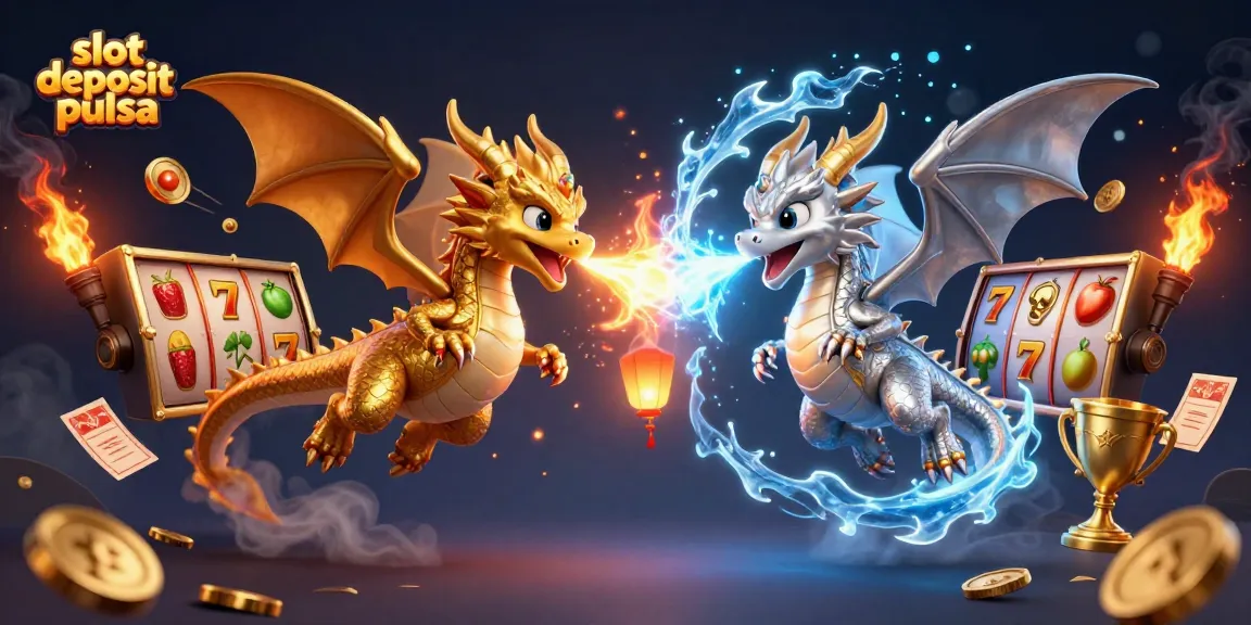 Permainan slot deposit pulsa unik dengan ilustrasi naga yang berinteraksi secara dramatis.