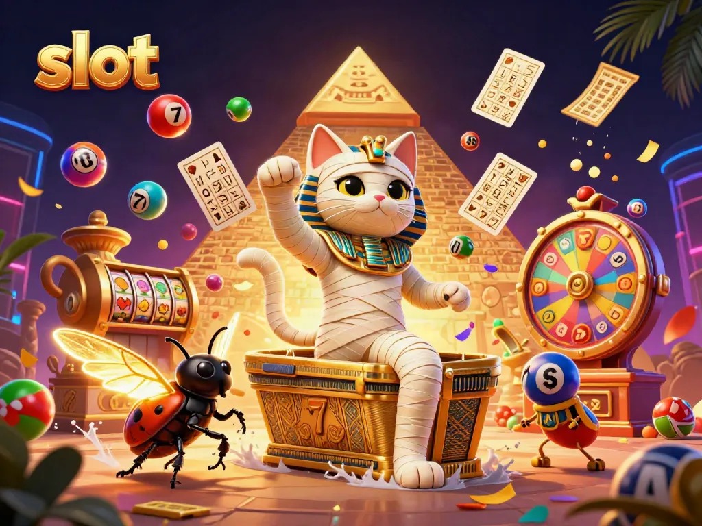 Experience thrilling slot action with a vibrant 3D illustration featuring an Egyptian mummy cat.