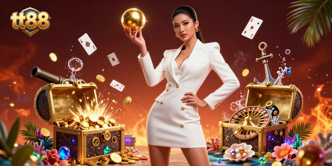 Experience the thrill of tt88 with a confident Asian woman in a luxurious casino setting, surrounded by gold coins and gems.