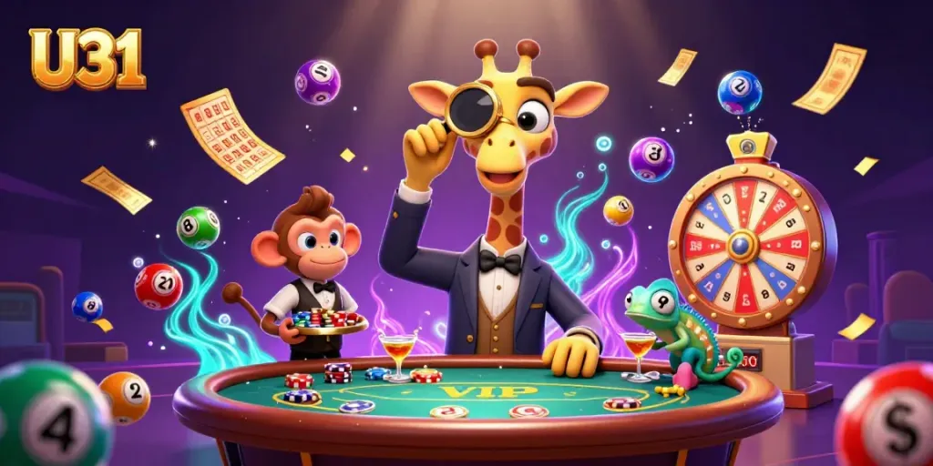 U31 players enjoy a thrilling game with vibrant lottery balls, colorful cocktails, and high-energy casino elements.