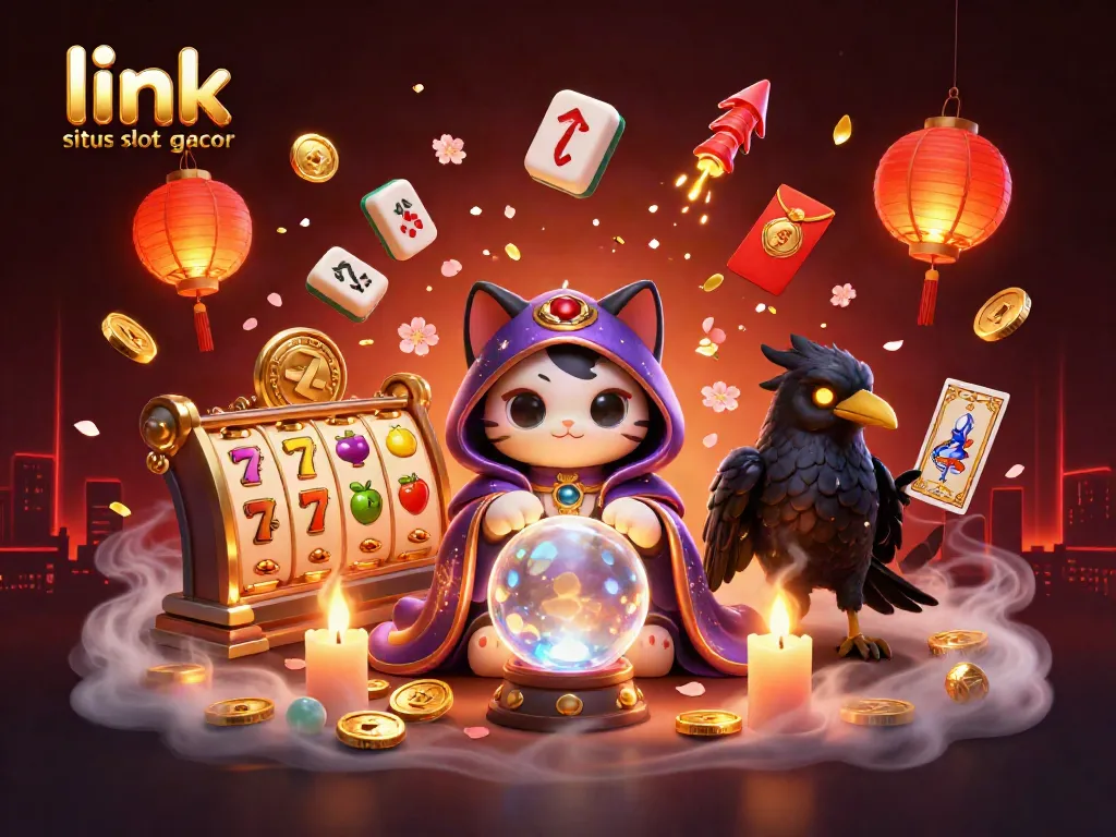 Permainan slot yang menarik dengan link situs slot gacor, menampilkan karakter kucing mistik dan burung gagak.
