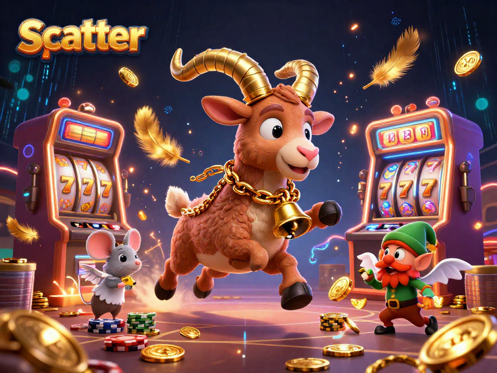Engaging casino scene with scatter symbols, featuring a Krampus goat, angel mouse, and elf gremlins interacting.