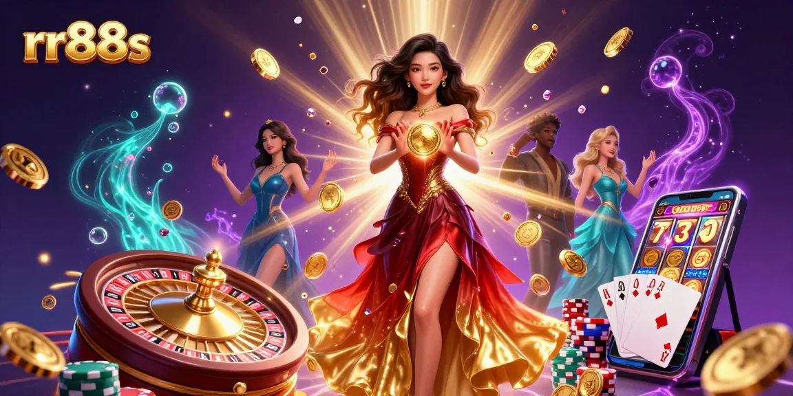 Experience vibrant casino action with rr88s, featuring golden coins and a stunning Asian actress.
