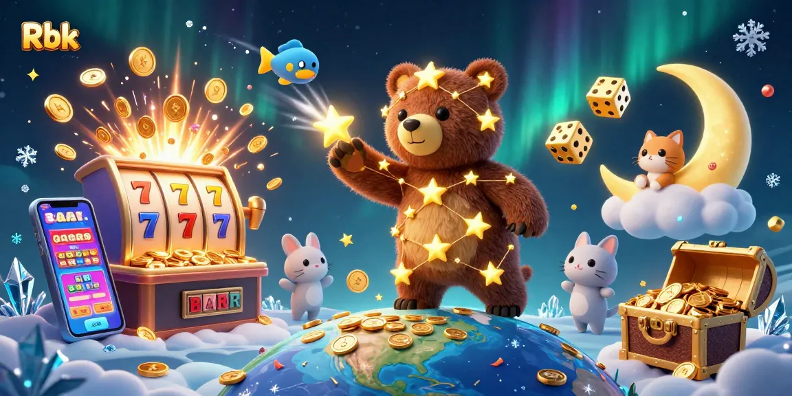 Rbk constellation bear scoops coins in a vibrant, jackpot-themed 3D casino illustration.