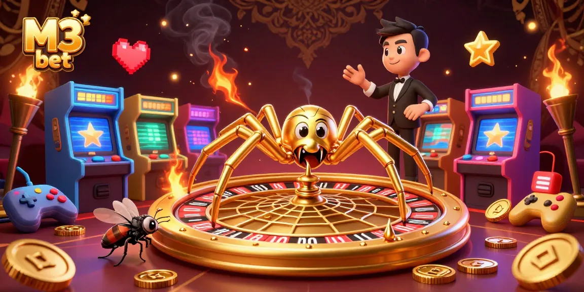 Experience the excitement of M3 bet with a vibrant casino scene featuring a golden spider and animated game elements.