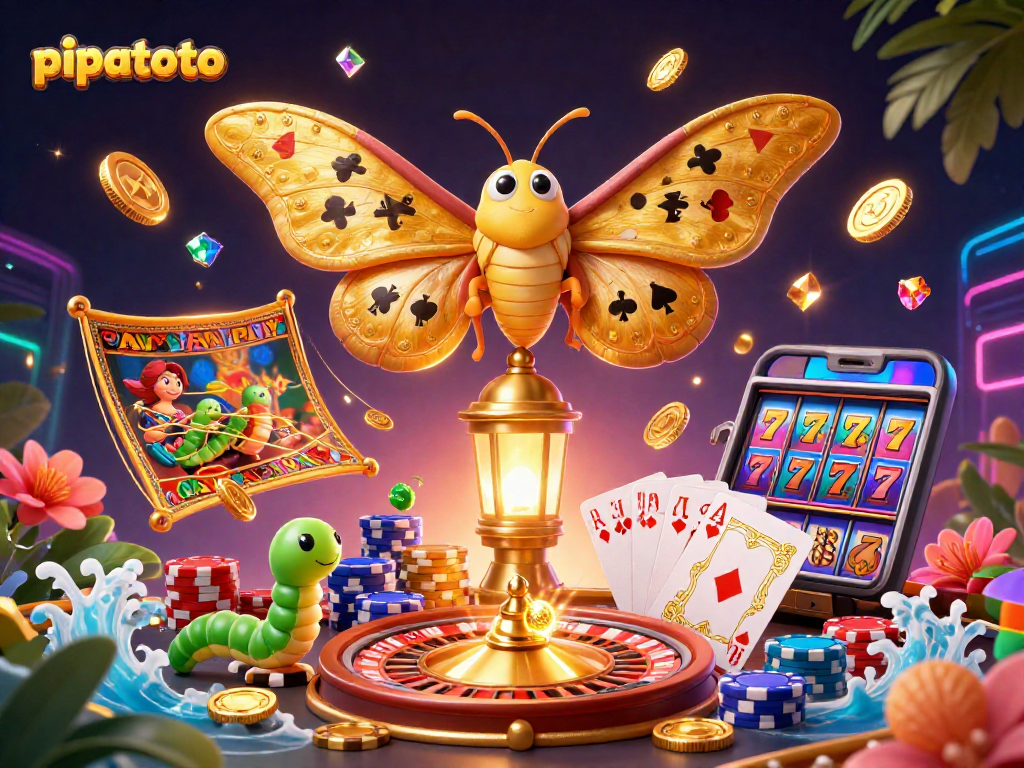 Pipatoto players spinning in excitement as golden coins cascade and showcasing vibrant slot themes.