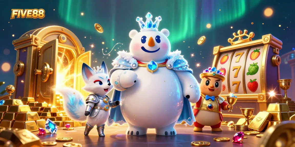 FIVE88 players winning big at a whimsical casino with ice king and treasure elements