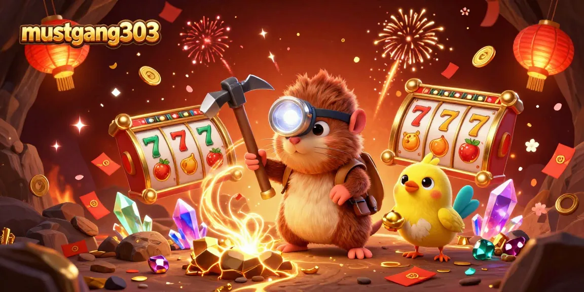 Experience the excitement of mustang303 with a treasure hunter mole and colorful slots in a vibrant casino scene.