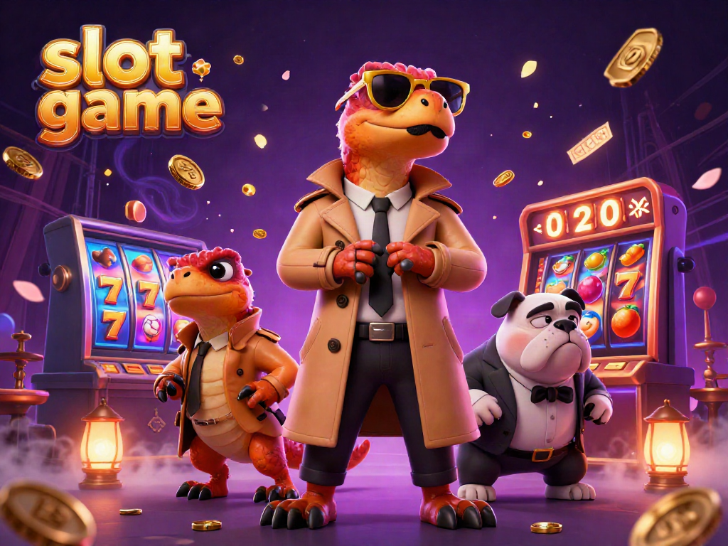 Kombinasi menarik slot game dengan tiga raptor dalam sebuah trench coat di lounge VIP kasino.