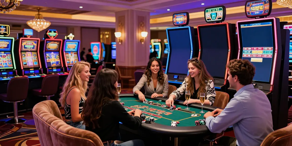 A lively casino scene showcasing friends celebrating their akunjp gaming success at a slot machine.