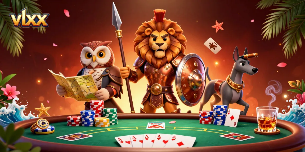 Engage with the vibrant vlxx casino scene, featuring a Spartan lion, tactical owl, and swift greyhound amidst poker excitement.