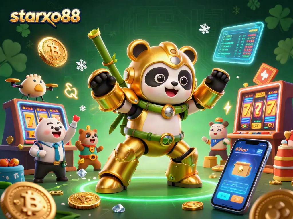 Engage in thrilling gameplay with starxo88 showcasing golden panda and robot amidst vibrant casino scenes.