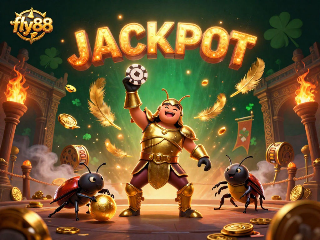 Experience the excitement of fly88 with a herculean beetle celebrating a jackpot amidst vibrant casino elements.