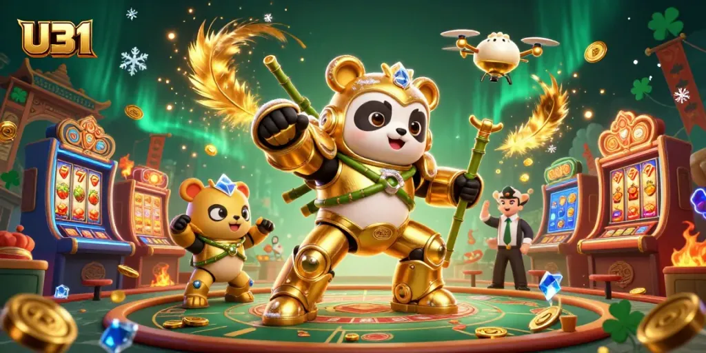 Experience exciting U31 online gaming with a mech-suit golden panda and dynamic casino elements.