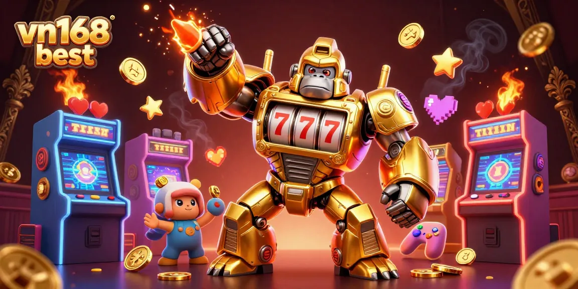 Win big at vn168 best with vibrant casino imagery of a golden gorilla mech and slot machines.