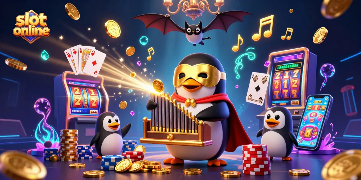 Experience excitement with slot online featuring a cartoon penguin, golden coins, and vibrant gambling elements.