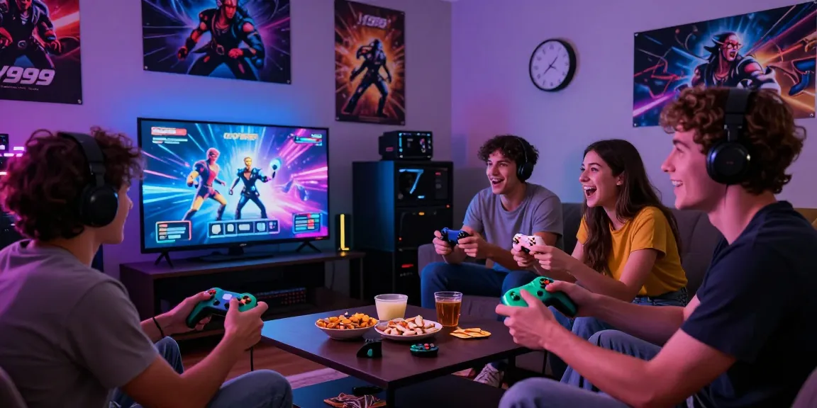 Exciting gaming night with friends playing y999-game, colorful controllers, snacks, and immersive atmosphere.