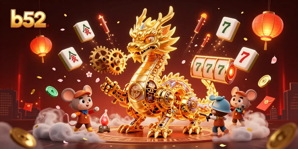 Engage with the b52 casino world alongside a golden dragon and a mouse engineer, amidst vibrant gaming elements.