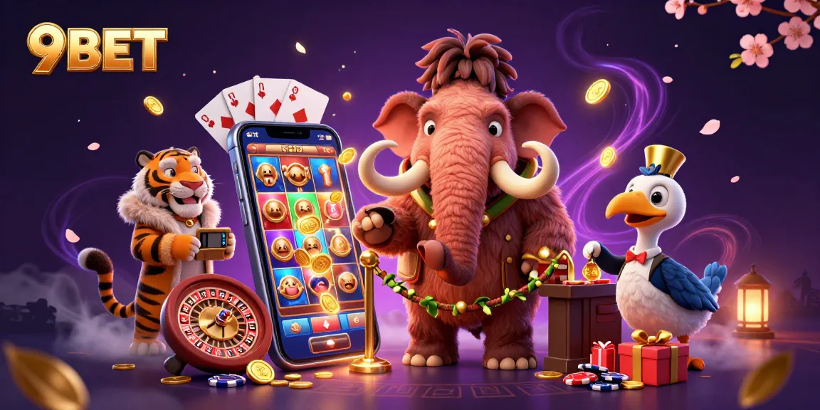 Experience vibrant gaming with 9BET, featuring a lively casino scene filled with colorful slot games and dynamic characters.