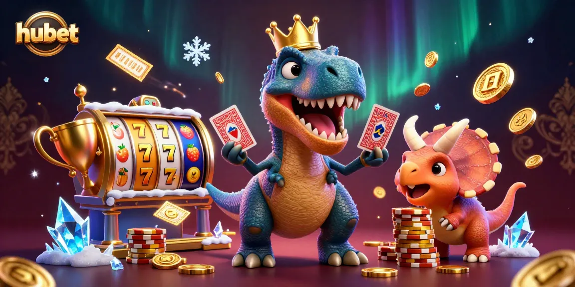 hubet showcases exciting slots with a T-Rex and friends at a vibrant casino.