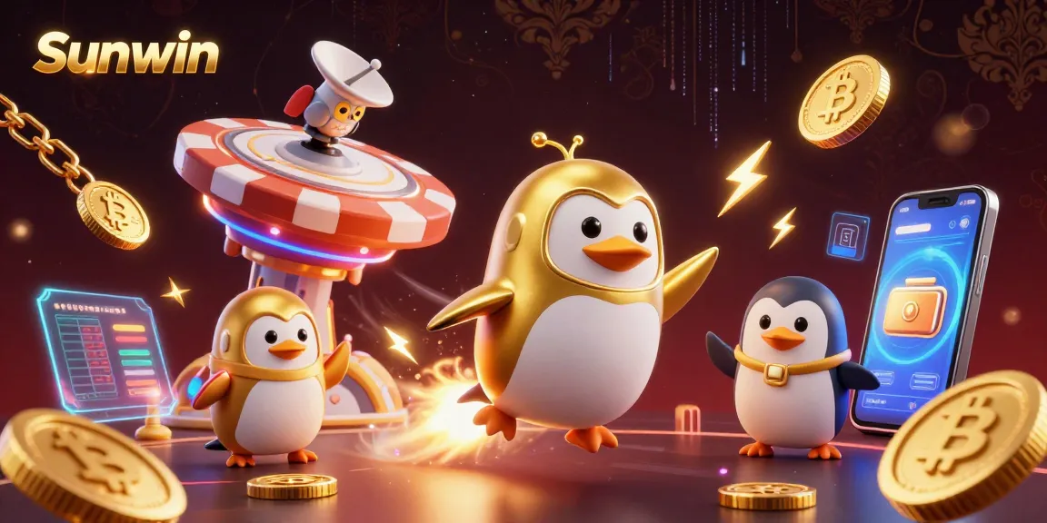 Sunwin penguin speeds toward a poker chip space station, surrounded by cryptocurrency elements.