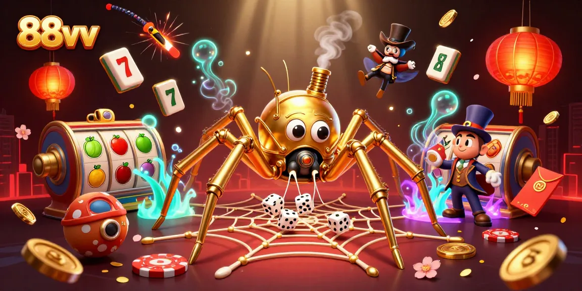 Engage with 88vv in a vibrant 3D casino scene featuring steampunk elements and slot machines.
