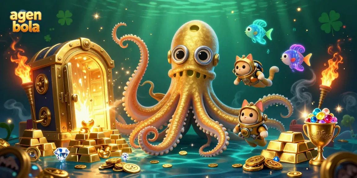 Agen bola action featuring a colossal kraken and diving cat amidst treasures, showcasing thrilling sports betting atmosphere.