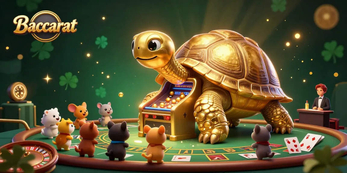 Baccarat table featuring a golden tortoise and excited animals playing in a vibrant casino setting.