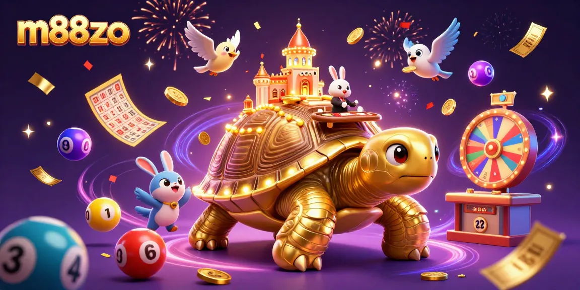 Experience m88zo's vibrant gaming excitement with a giant tortoise casino and a rabbit dealer amidst dynamic lottery elements.
