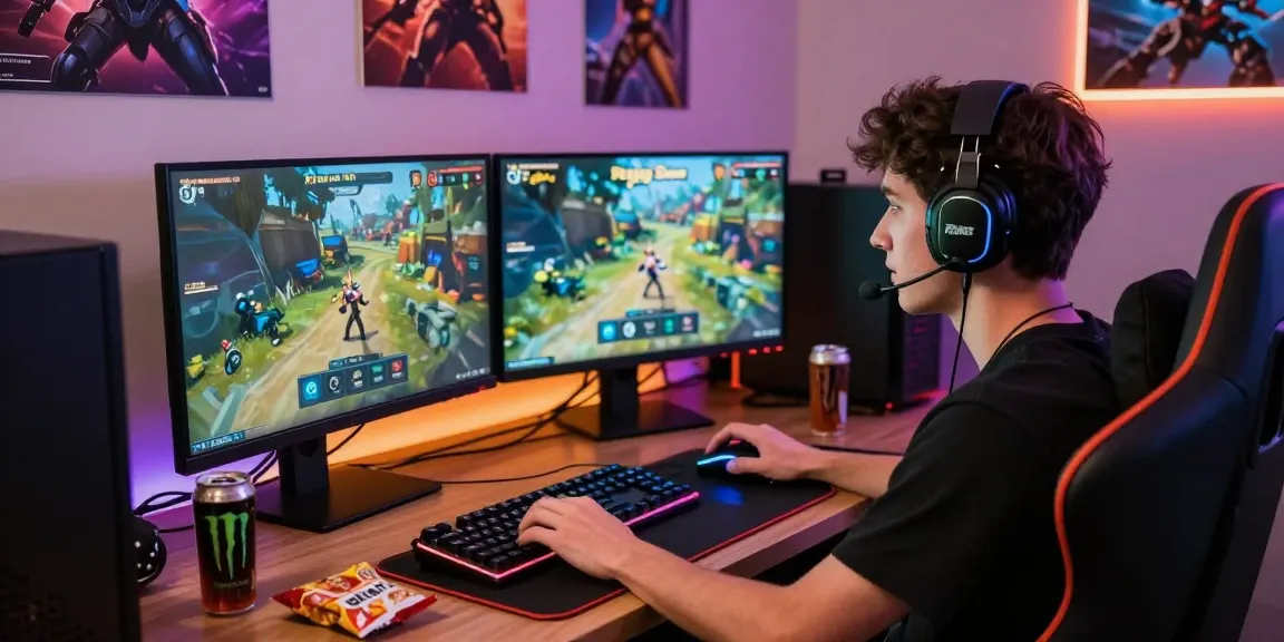 Raja Game login interface displayed on dual monitors of an enthusiastic gamer amidst a vibrant gaming atmosphere.