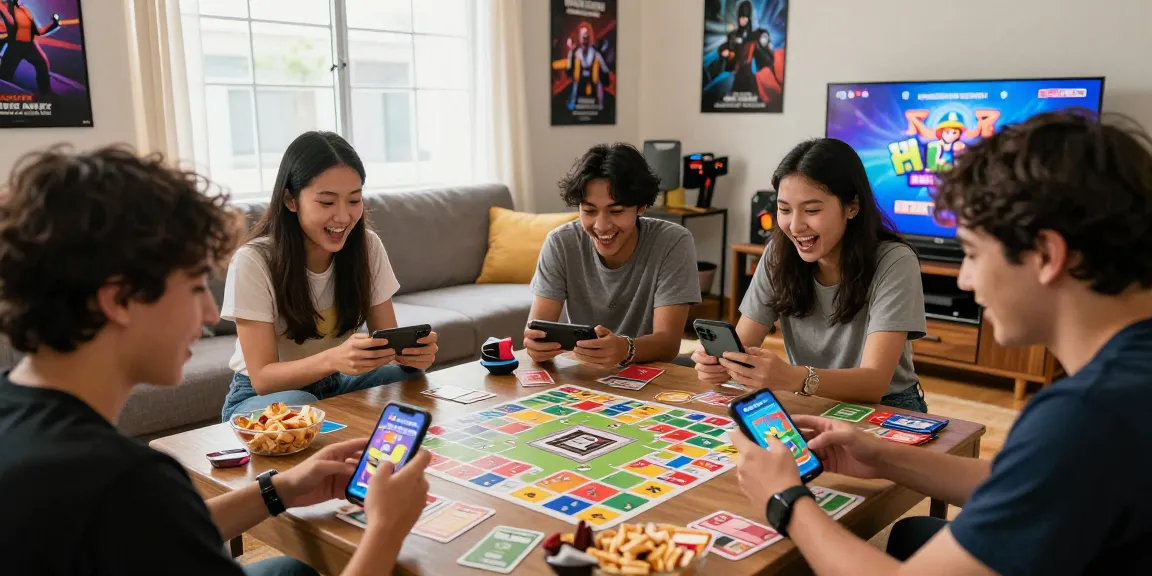Engaging scene of friends playing a Card Rummy APK download game on smartphones in a vibrant living room setting.