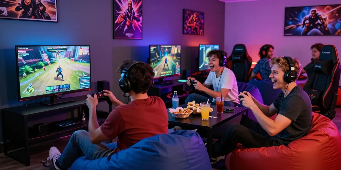 Friends enjoying a gaming session at hitclub with LED lights and snacks.